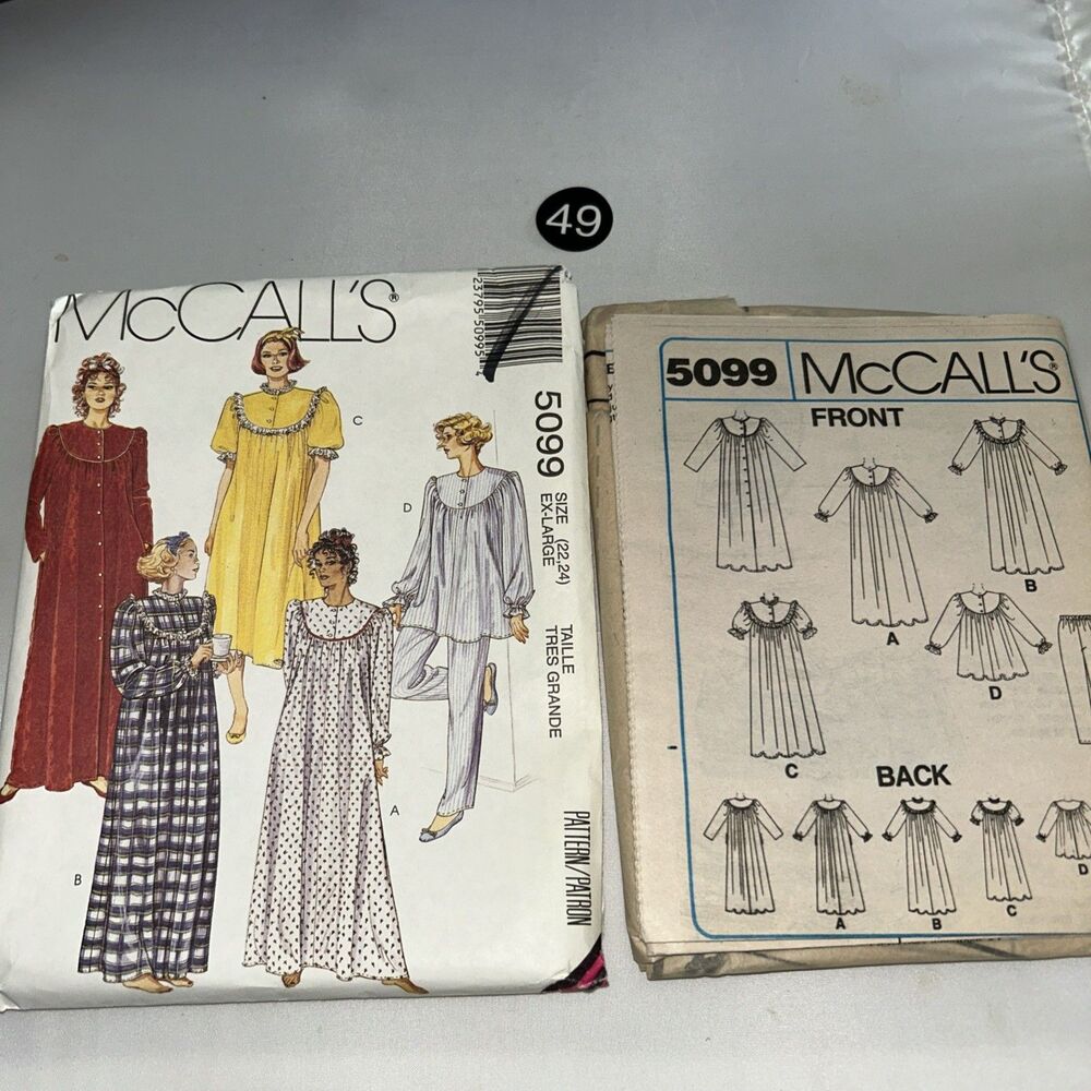 McCall's 5099 Misses Nightgown Pajama Pants Top Pattern XL  22/24 1990 Uncut